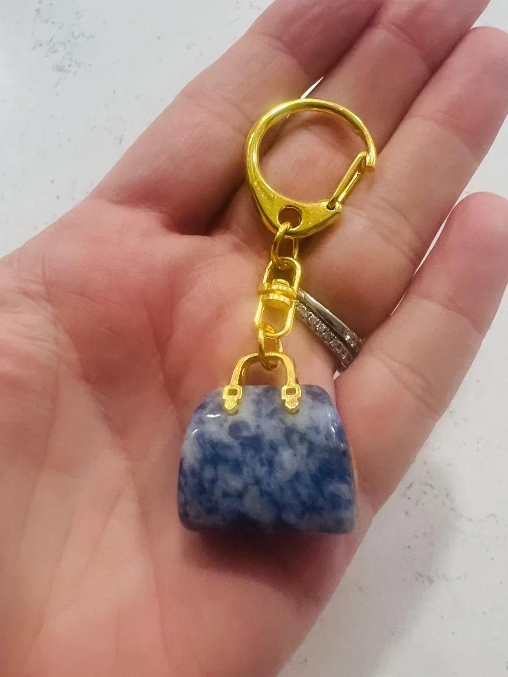 Gold Keychain with Blue Marble Mini Purse Charm